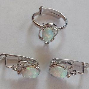 Opal Sterling Silver Adjustable Ring And Earrings Set